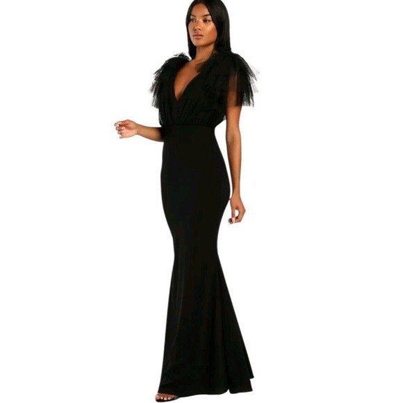 Lulus Maxi Mermaid Dress Womens XL Black Fairy Whimsigoth Ruffle Flutter Sleeve - Picture 1 of 9